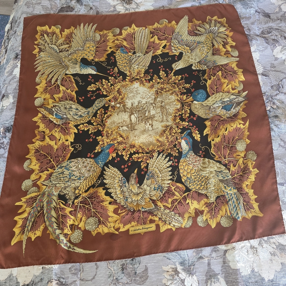 Elegant Silk Salvatore Ferragamo Scarf with Bird and Leaf Design